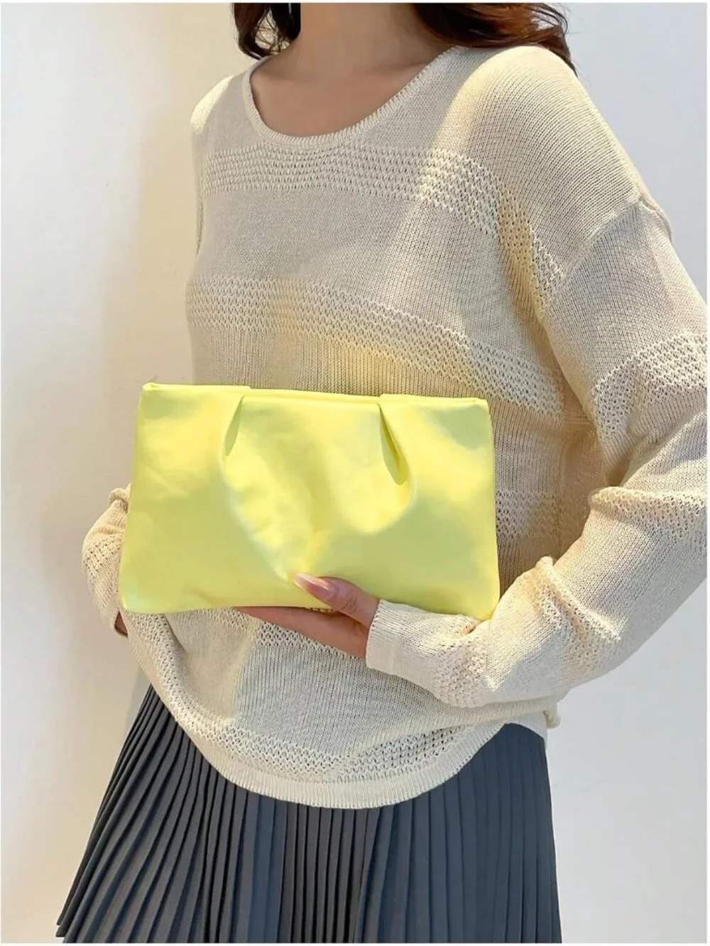 👜Women's Yellow PU Leather Clutch Purses Small Zipper Elegant Ruched Handbag